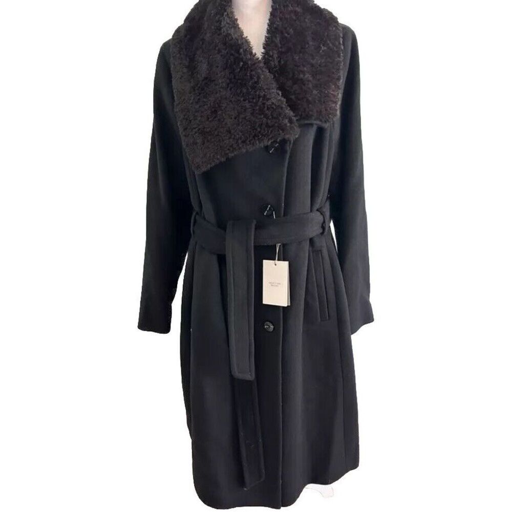 Soia & Kyo Gemma Black wool blend trench coat removable shearling collar XXL NWT